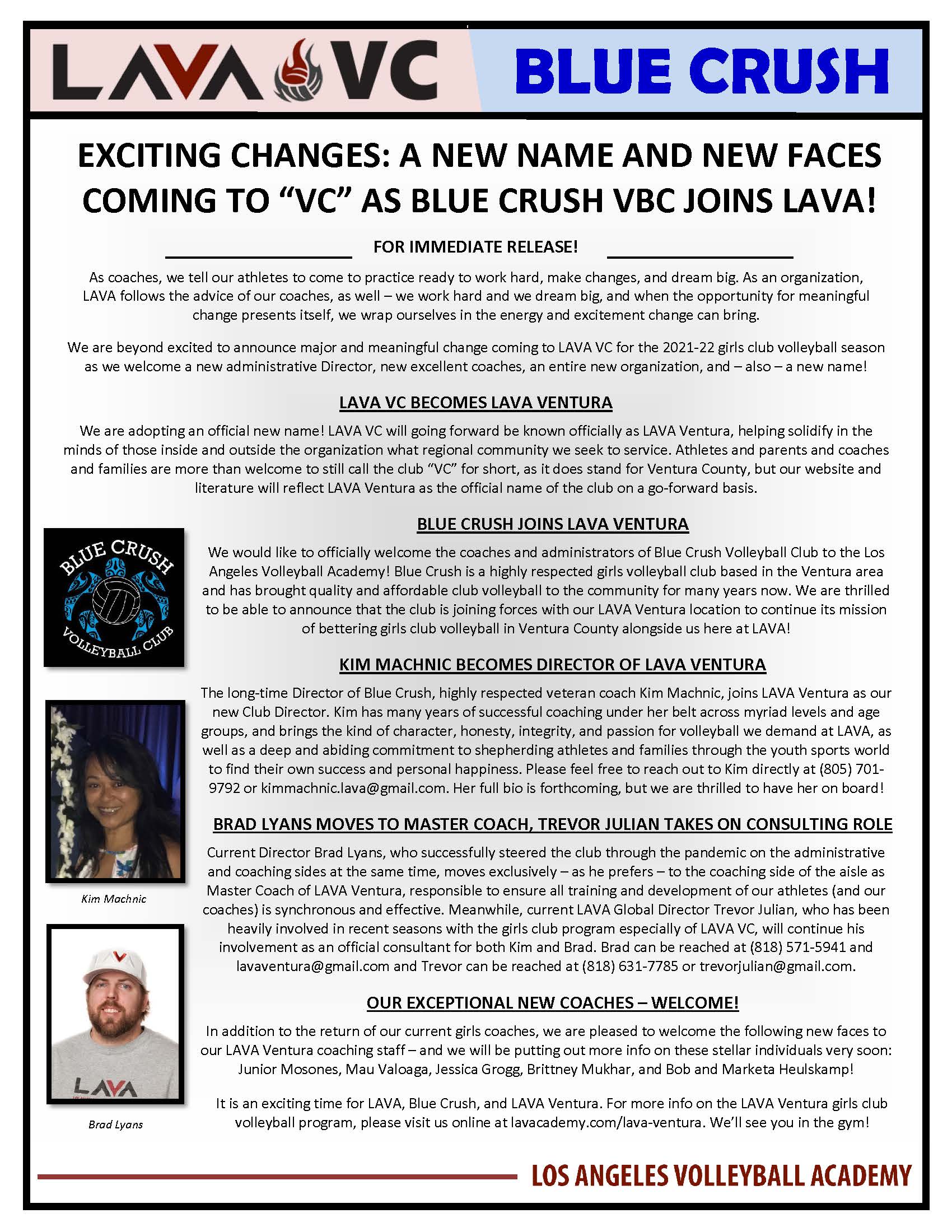 Press Release - Lava Ventura Blue Crush - June 2021 Press Release - Lava Ventura Blue Crush - June 2021