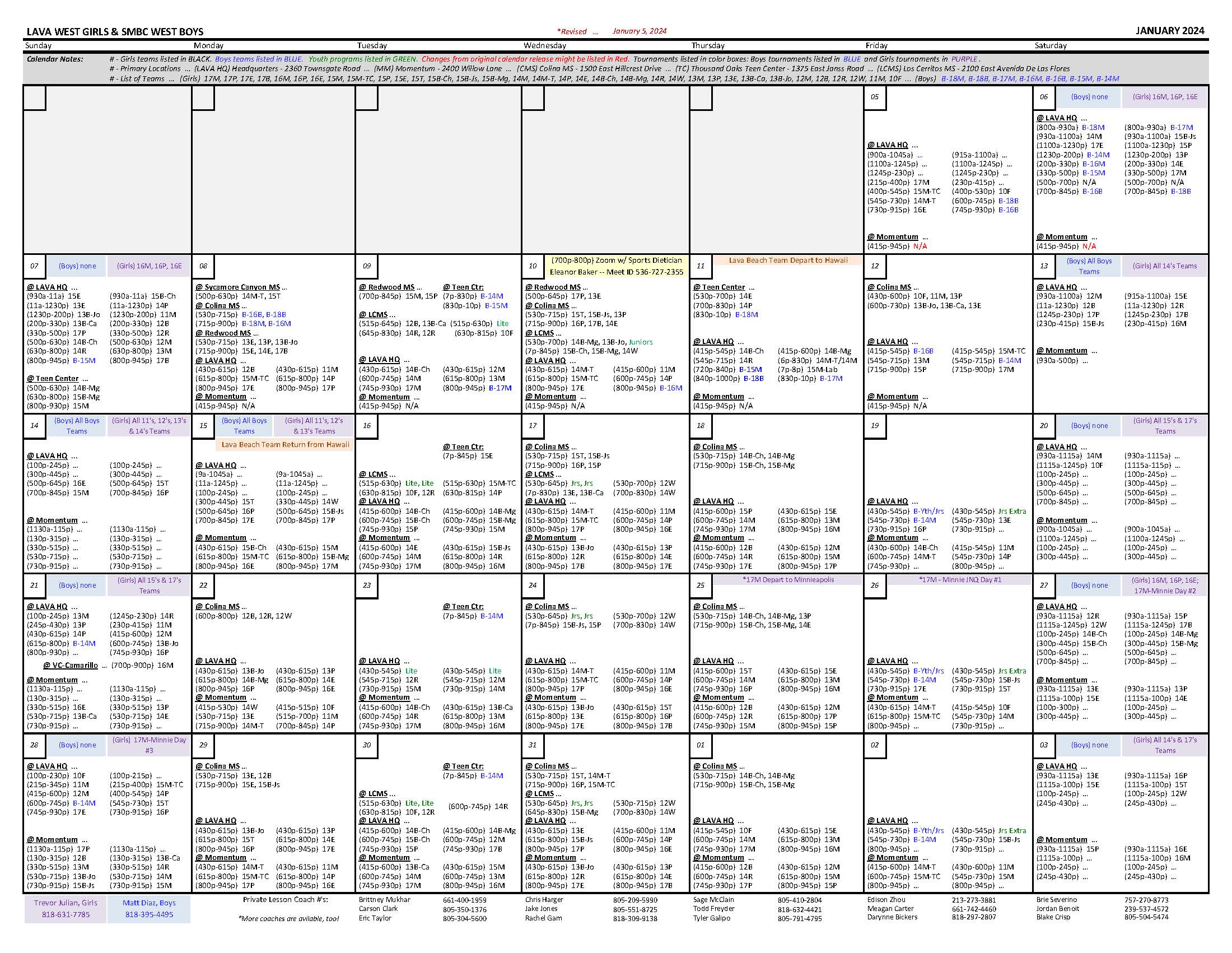 CALENDAR - LAVA WEST - JAN 2023 - Rev Jan 05 2024